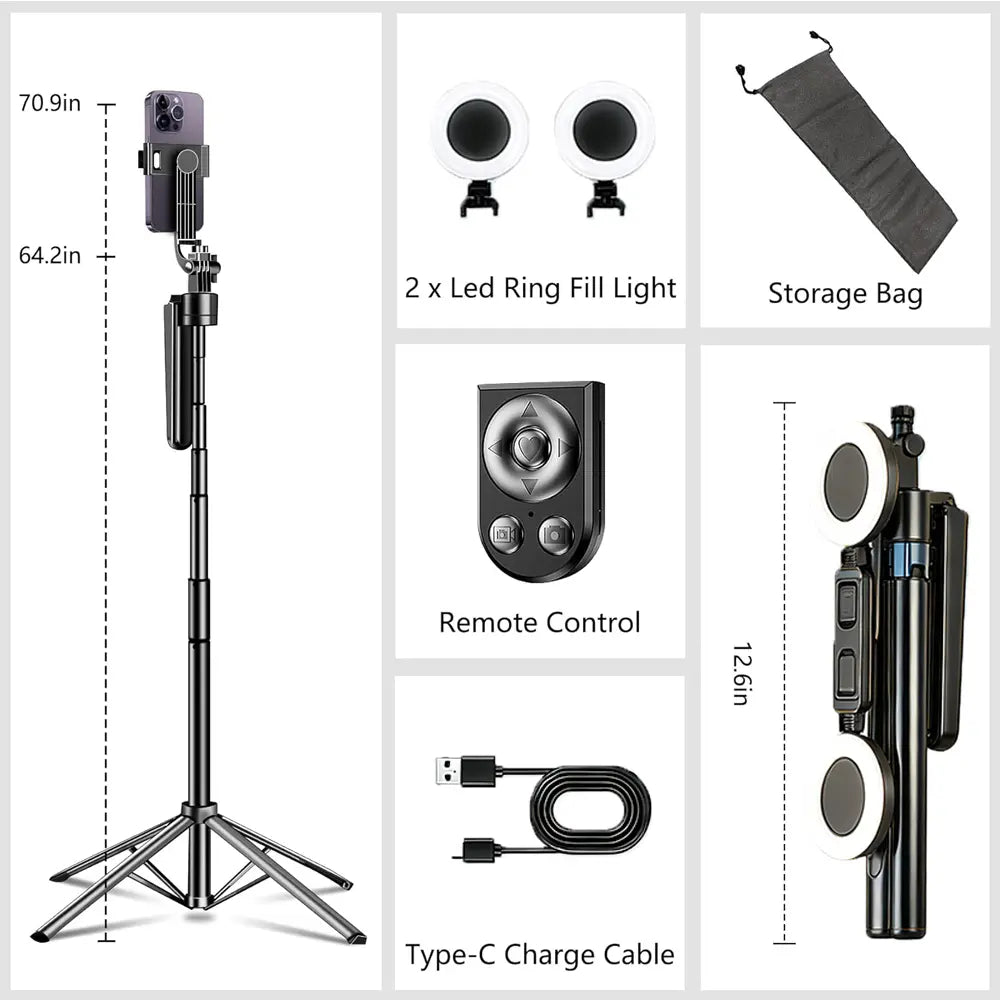 Nexpod 70.9" Auto Face Tracking Tripod with Gesture Control & 2 Fill Lights for Content Creators, 360° Rotatable Smart Selfie Stick Stand for Tiktok Live, Vlogging & Content Creators (Iphone/Android), Phone Tripod for Android Camera/Gopro