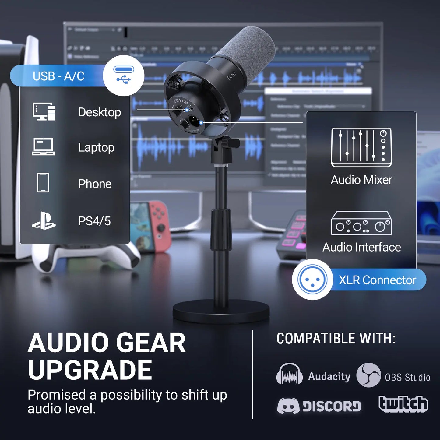 FIFINE Studio Dynamic Microphone with Adjustable Desktop Mic Stand Kit, XLR/USB Microphone with Tap-To-Mute, Volume Controls, Metal Build, Table Mic Stand for Recording, Podcast, Streaming, Fifine K688
