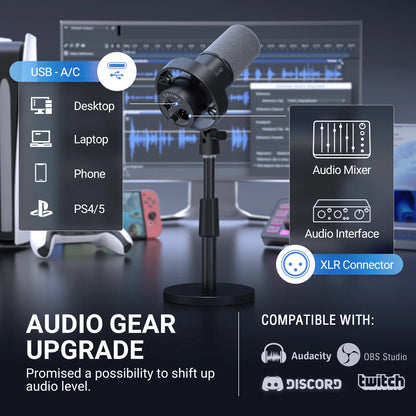 FIFINE Studio Dynamic Microphone with Adjustable Desktop Mic Stand Kit, XLR/USB Microphone with Tap-To-Mute, Volume Controls, Metal Build, Table Mic Stand for Recording, Podcast, Streaming, Fifine K688