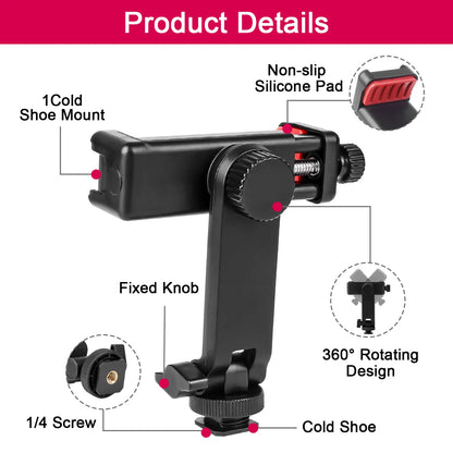 Camera Hot Shoe Phone Holder Universal Phone Tripod Mount with Cold Shoe Mount, Rotates and Adjustable Clamp Holder Smartphone Clip Adapter for Iphone 11 Pro Max X XR Xs Max 8 7 plus Samsung Galaxy S10 S9 Note10 Google, Halloweentiktok